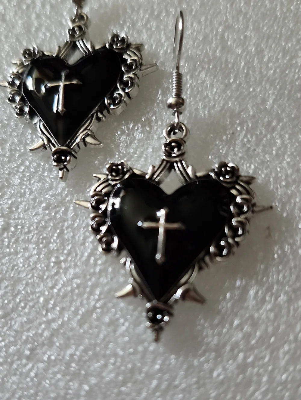 Hand Crafted Black Heart Cross Dangle Earrings